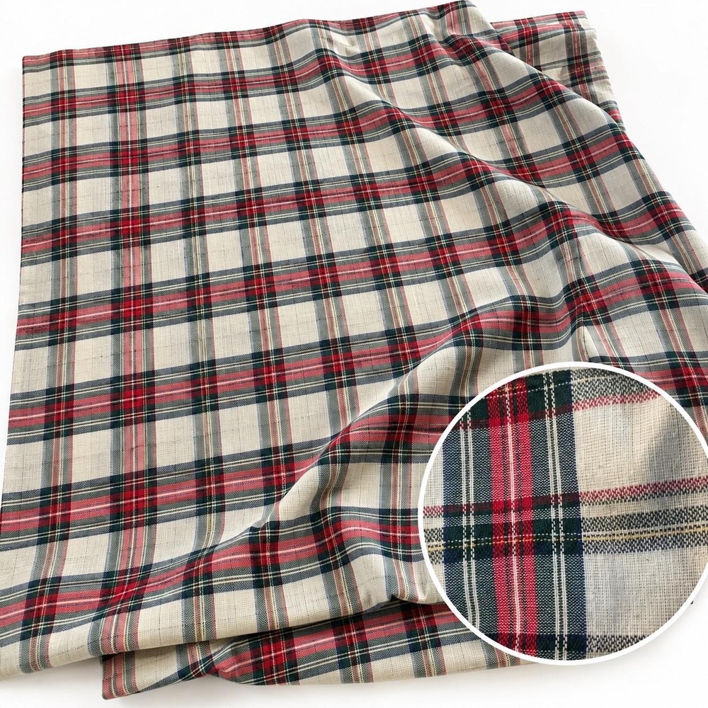 Vintage 1970s Woven Tartan Plaid Fabric Red Green Ivory 15+ Yards Deadstock